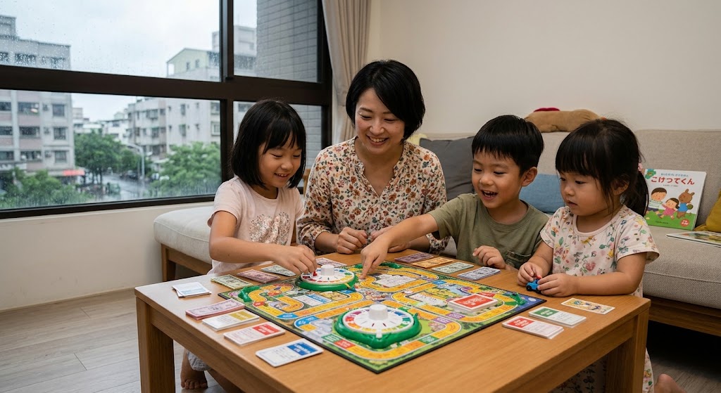 家族でボードゲームをする子どもたち