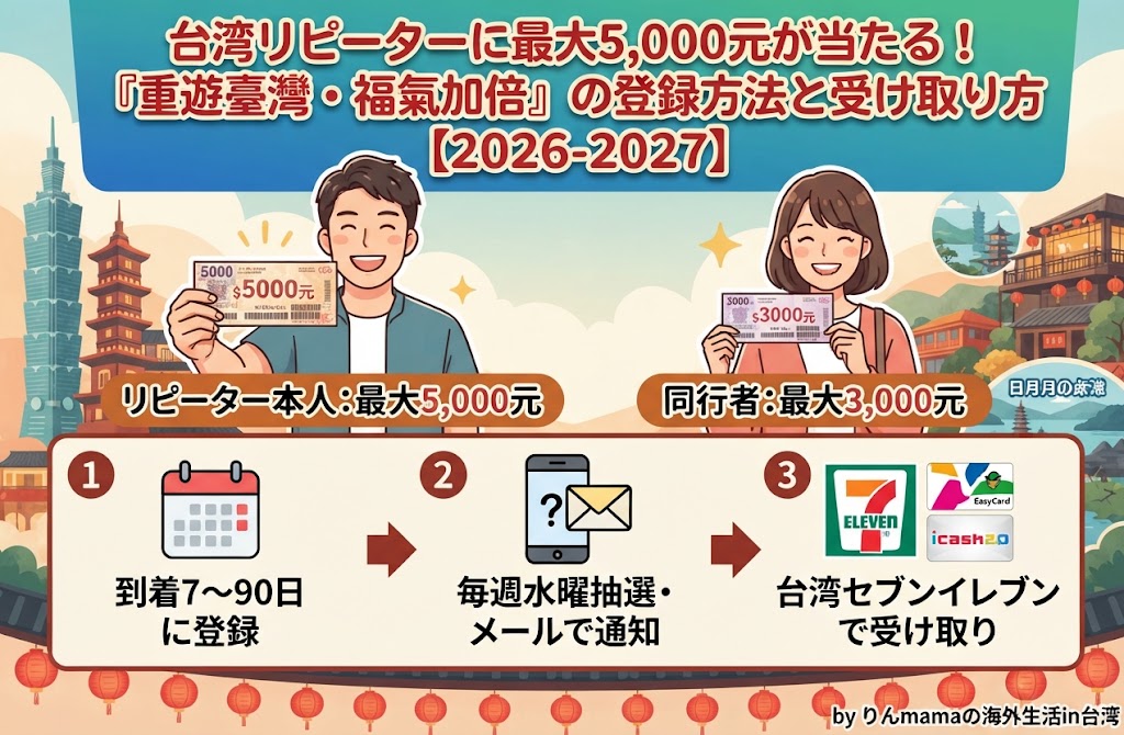 台湾リピーターに最大5,000元が当たる「重遊臺灣・福氣加倍」キャンペーン（アイキャッチ）